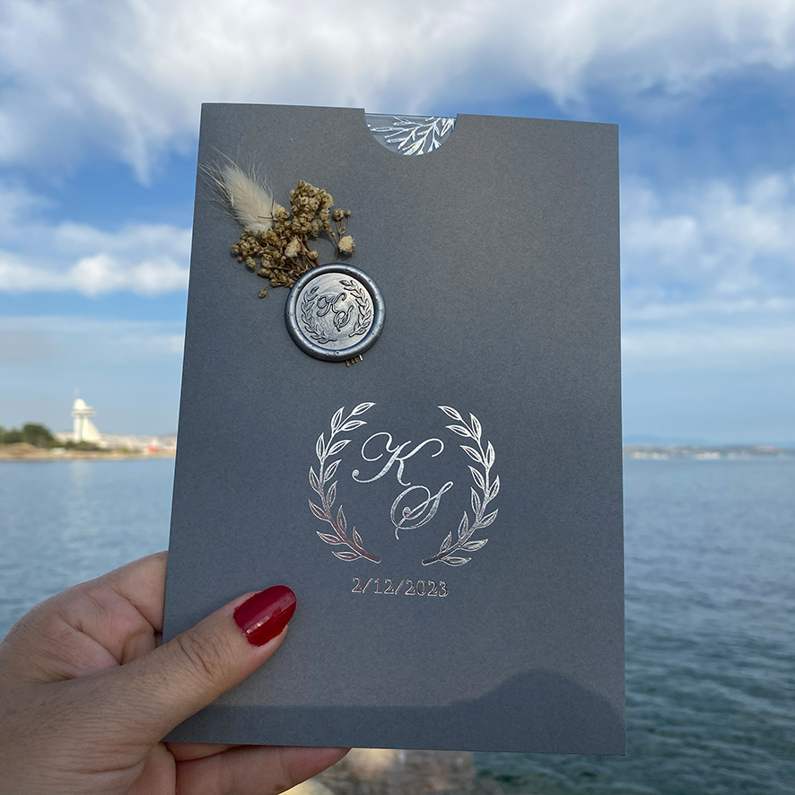 Clear Acrylic Wedding Invitation.  Silver foil print, Gray Envelope.  Silver wax seal and dried flowers